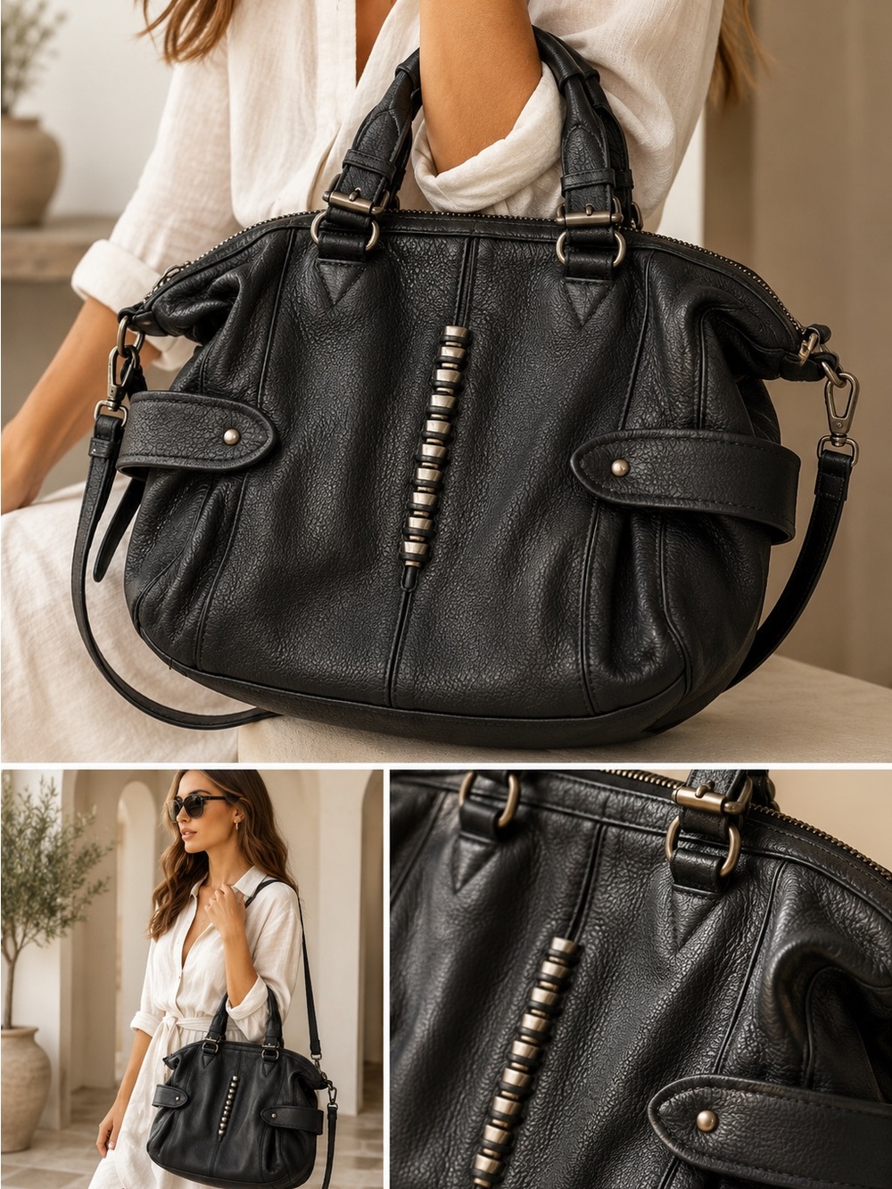 Pour La Victoire Black Pebbled Leather Satchel Crossbody Bag
